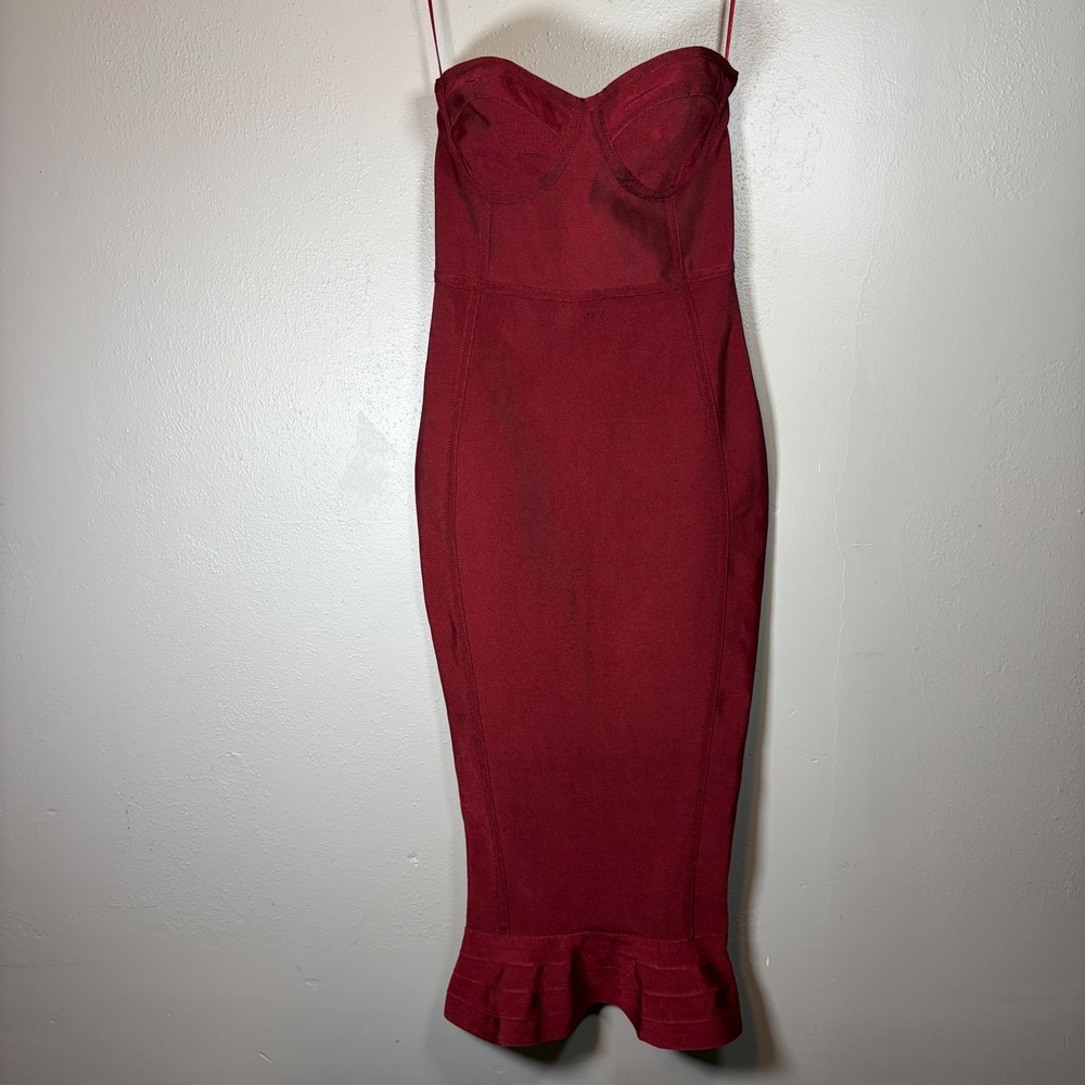 PrettyLittleThing Burgundy Bandage Midi Dress Sweetheart Ruffle Hem Size 0‎ Wine
